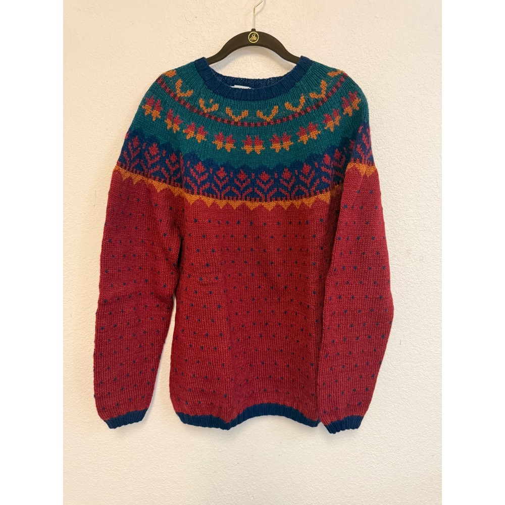 A nomadic Traders Womens Large Red 100% Wool Fair Isle Knit Sweater Made in Peru